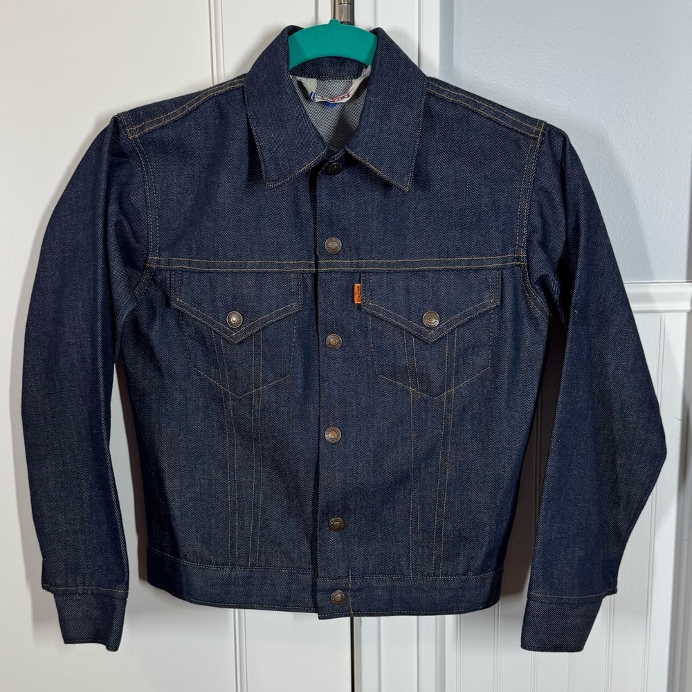 RARE VINTAGE Levis Big E Orange Tab Denim Jean Jacket Dark Indigo Trucker 12 XS